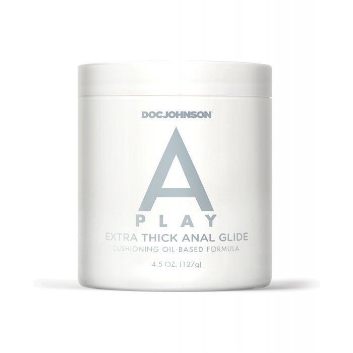 A Play Extra Thick Anal Glide 4.5 oz canister, oil-based lubricant for long-lasting, luxurious glide during intense anal play, not compatible with condoms.