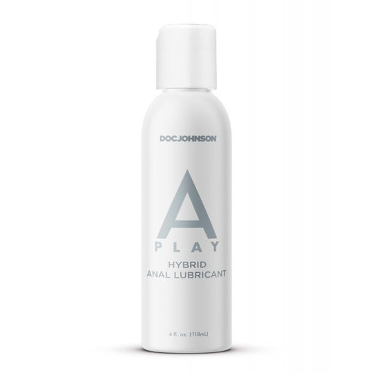 A Play Hybrid Anal Lubricant 4 oz bottle, a blend of water and silicone for long-lasting, smooth lubrication during anal play, compatible with condoms.