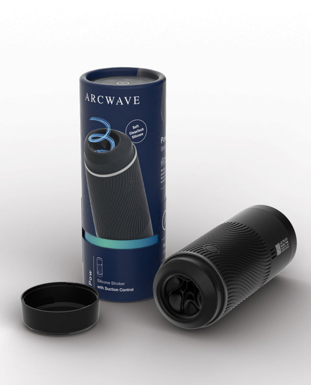 Arcwave Pow Stroker in black with packaging, featuring textured CleanTech Silicone and adjustable suction control.