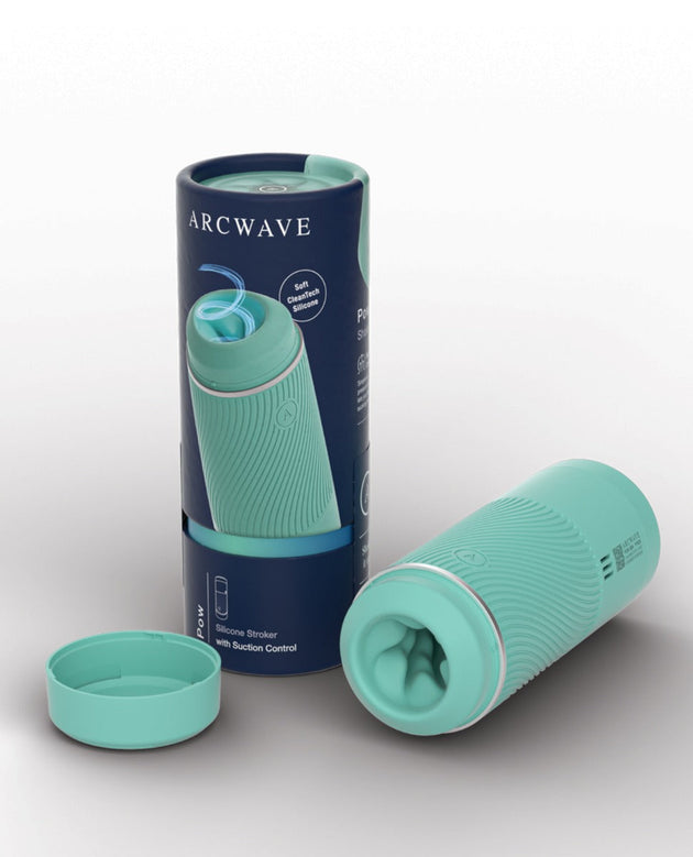 Arcwave Pow Stroker in mint with packaging, showcasing its textured CleanTech Silicone and adjustable suction control.