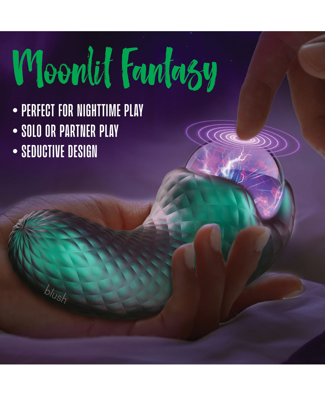 Glowing green and pink toy with text on a dark background