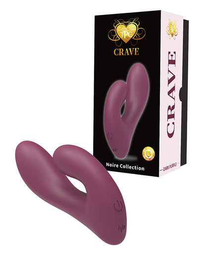A purple silicone multi-function rabbit vibrator alongside its black and white packaging box, with the brand name 'Crave' prominently displayed.