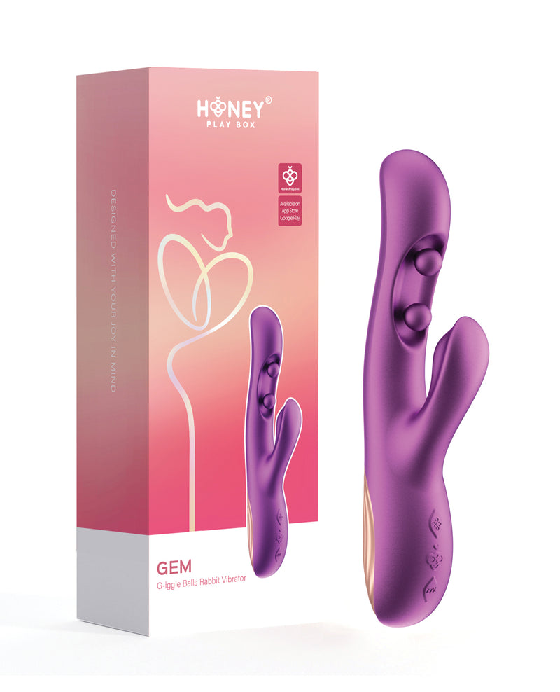 GEM Twin Balls Rabbit Vibrator showing shaft , clitoral stimulator and Box