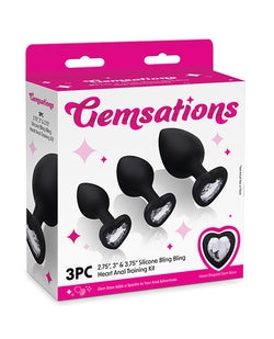 Gemsations 3 pc 2.75" & 3.15" & 3.7" Silicone Bling Bling Heart Butt Plug Training Set - Black