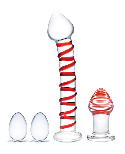 Glas 4 pc Mr. Swirly Set w/Glass Kegel Balls & 3.25" Butt Plug - Red