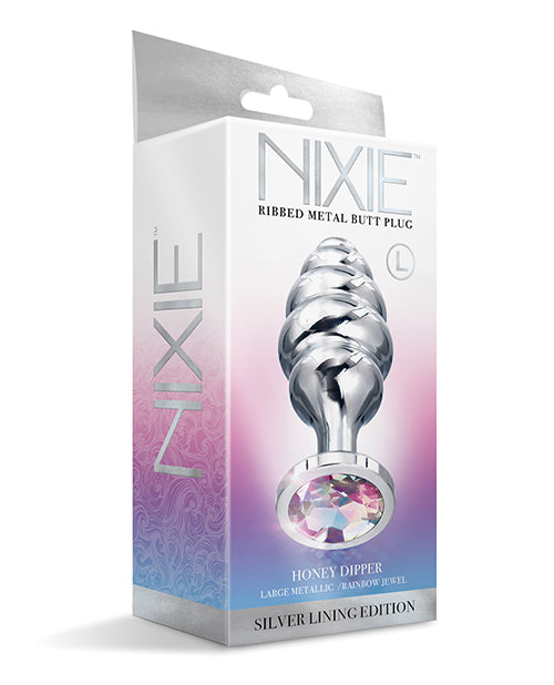 Nixie Honey Dipper Ribbed Metal Rainbow Jeweled Butt Plug