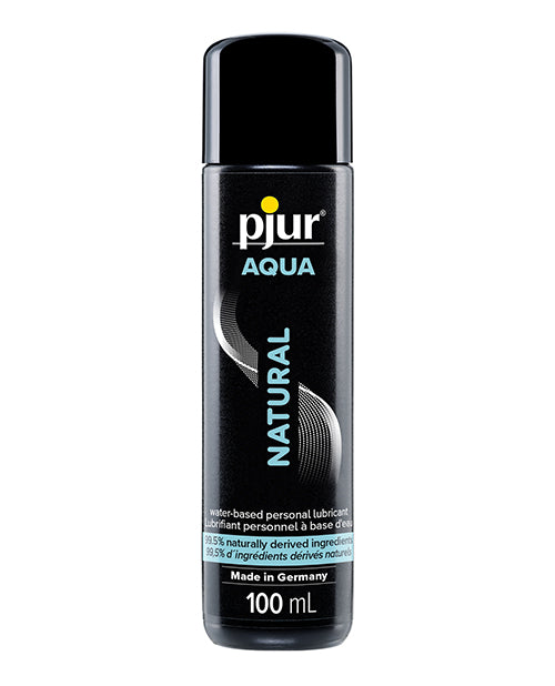 A black bottle with a white label that reads 'Pjur Aqua Natural', indicating it is a 100 ml bottle of water-based lubricant.