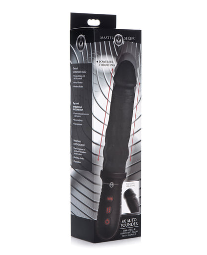 A black, realistic dildo with detailed veins and a defined head, shown in its packaging. The packaging highlights its vibrating and automatic thrusting features.