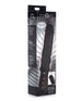 A black, realistic dildo with detailed veins and a defined head, shown in its packaging. The packaging highlights its vibrating and automatic thrusting features.