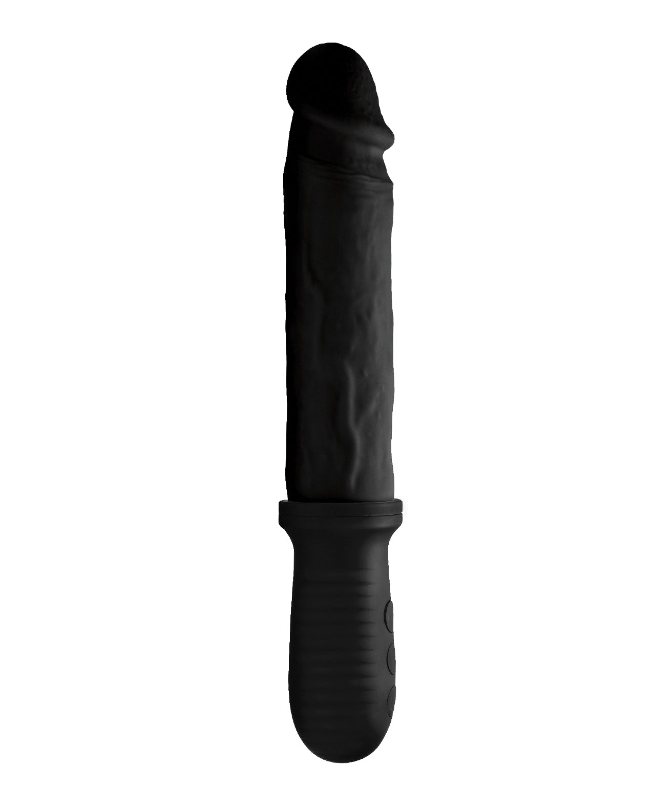 A realistic black dildo with a defined head and textured veins, attached to a handle.
