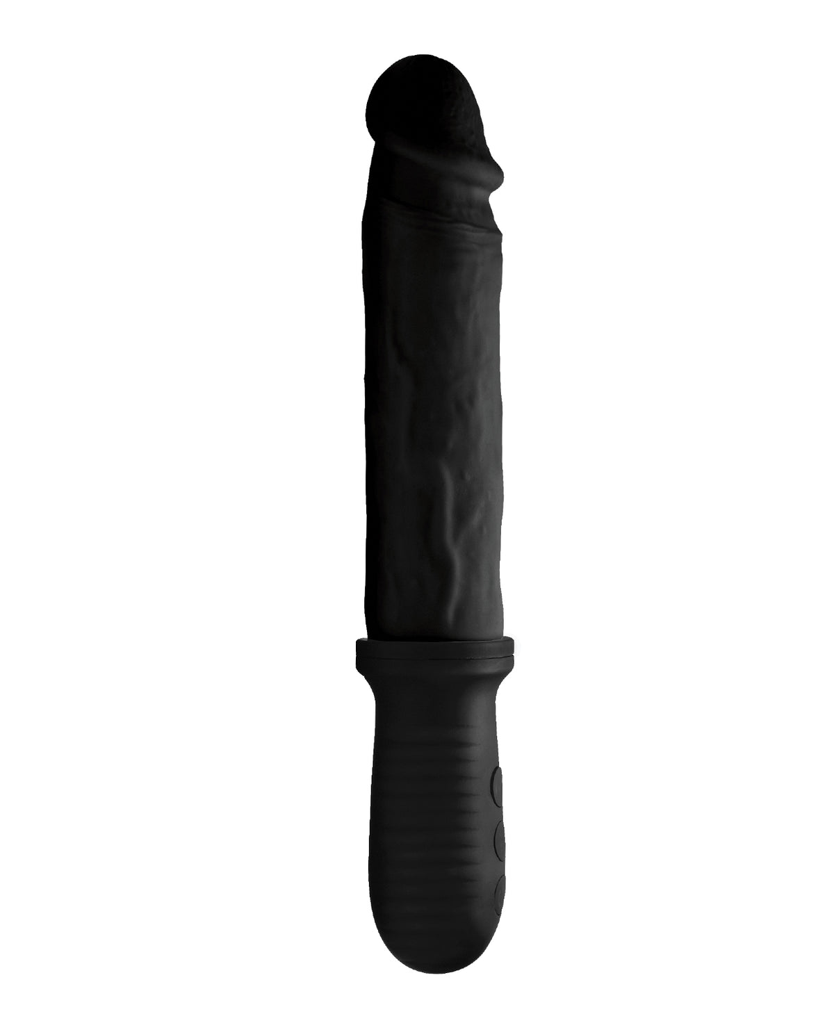 A realistic black dildo with a defined head and textured veins, attached to a handle.