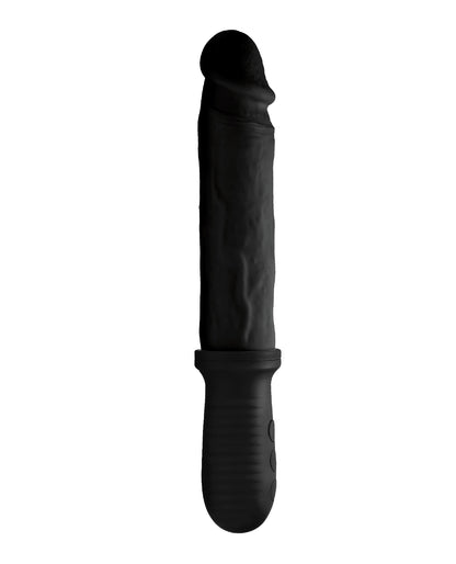 A realistic black dildo with a defined head and textured veins, attached to a handle.