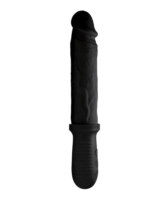 A realistic black dildo with a defined head and textured veins, attached to a handle.