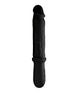 A realistic black dildo with a defined head and textured veins, attached to a handle.