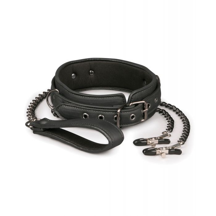 Faux Leather Collar w/Nipple Chains - Black Shipmysextoys