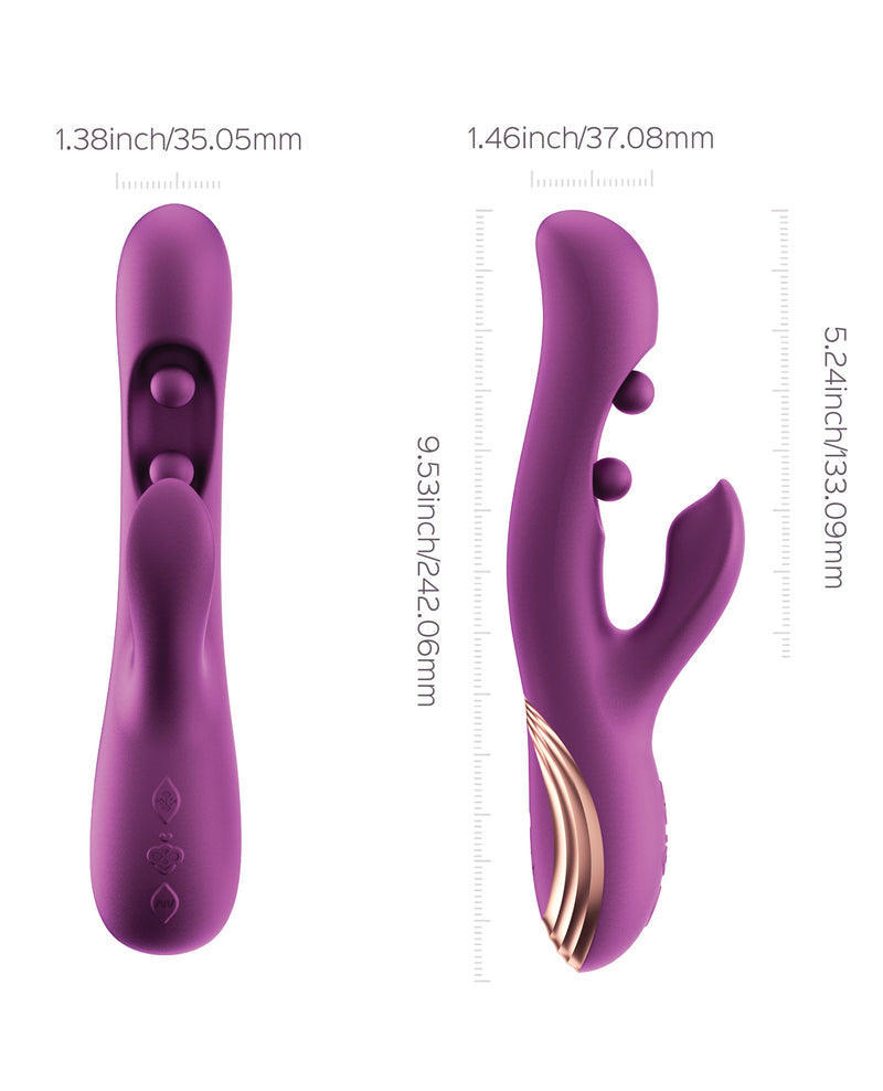 GEM Twin Balls Rabbit Vibrator showing the diameters of the shaft and clitoral stimulator