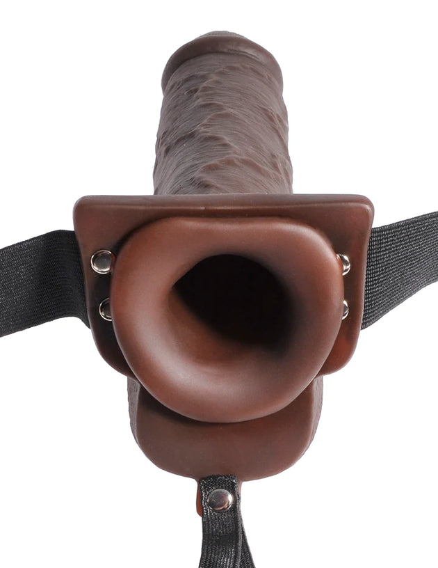 Inside view of the brown 9-inch hollow strap-on, demonstrating the spacious interior and sturdy structure for user comfort.