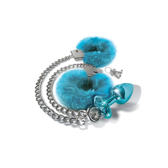 Nixie Metal Butt Plug W/inlaid Jewel & Fur Cuff Set