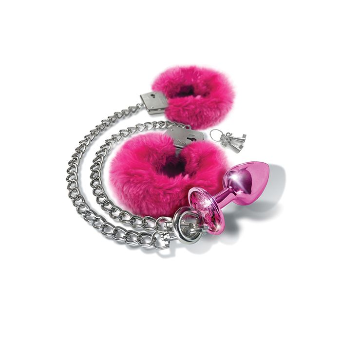 Nixie Metal Butt Plug W/inlaid Jewel & Fur Cuff Set
