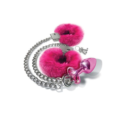 Nixie Metal Butt Plug W/inlaid Jewel & Fur Cuff Set