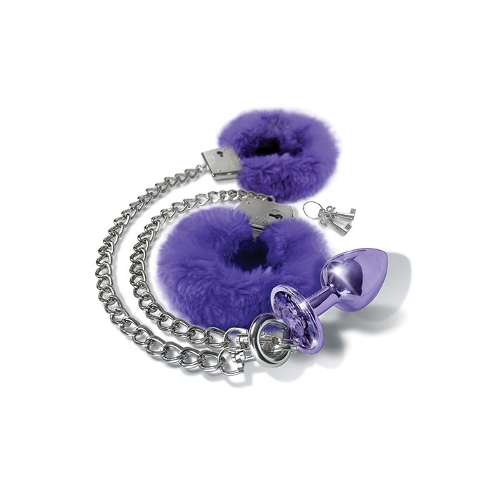 Nixie Metal Butt Plug W/inlaid Jewel & Fur Cuff Set