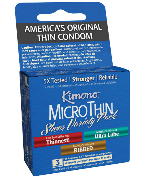 Packaging for Kimono MicroThin condoms showing a variety of flavors including strawberry, orange, vanilla, grapeseed, and ribbed. The box highlights that they are America's original thin condom and indicates the flavors with color-coded graphics.
