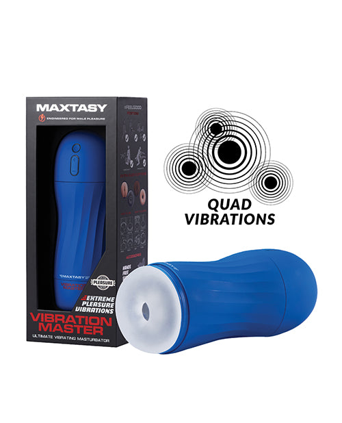 A blue and clear Maxtasy Vibration Master Standard device next to its black and blue packaging box. The packaging highlights the product's features, including 'Quad Vibrations' and 'Extreme Pleasure.