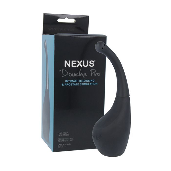 Nexus Douche Pro next to its packaging, showing the large 330ml bulb and curved nozzle alongside the box for context and size.