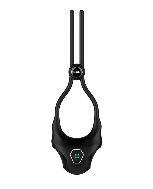 Nexus Forge Single Lasso adjustable vibrating cock ring in silicone, featuring a 'slide to fit' toggle, six vibration modes, and splashproof design, shown on its own.