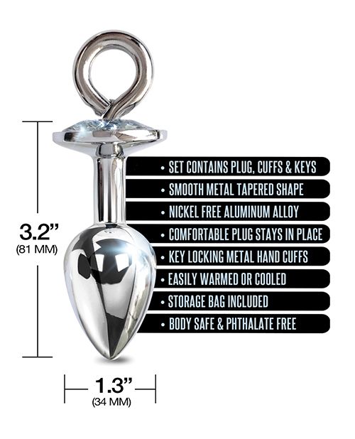 Nixie Metal Butt Plug w/Inlaid Jewel & Cuff Set - Silver Metallic Shipmysextoys