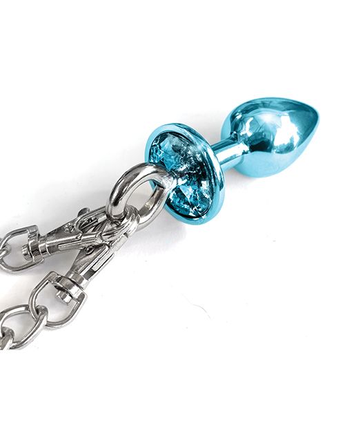 Nixie Metal Butt Plug w/Inlaid Jewel & Fur Cuff Set - Blue Metal Shipmysextoys