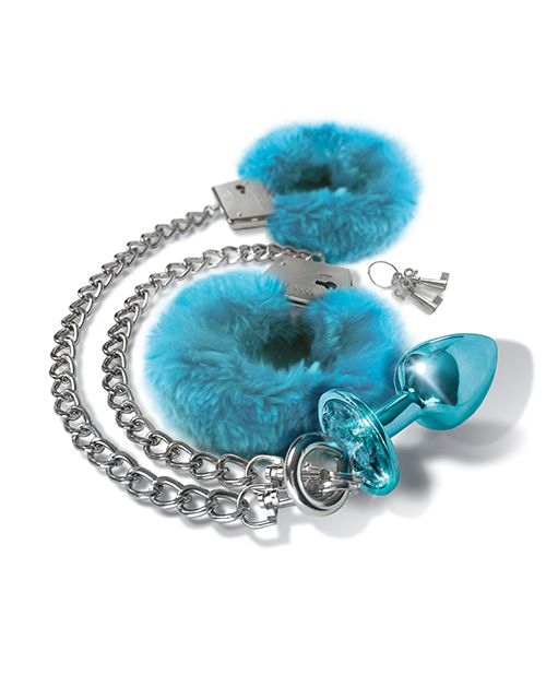 Nixie Metal Butt Plug w/Inlaid Jewel & Fur Cuff Set - Blue Metal Shipmysextoys