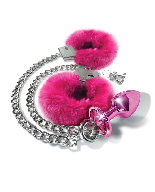 Nixie Metal Butt Plug w/Inlaid Jewel & Fur Cuff Set - Pink Metallic Shipmysextoys