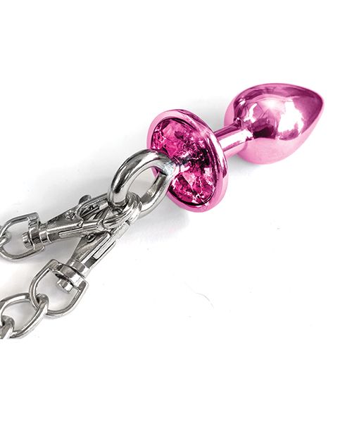 Nixie Metal Butt Plug w/Inlaid Jewel & Fur Cuff Set - Pink Metallic Shipmysextoys