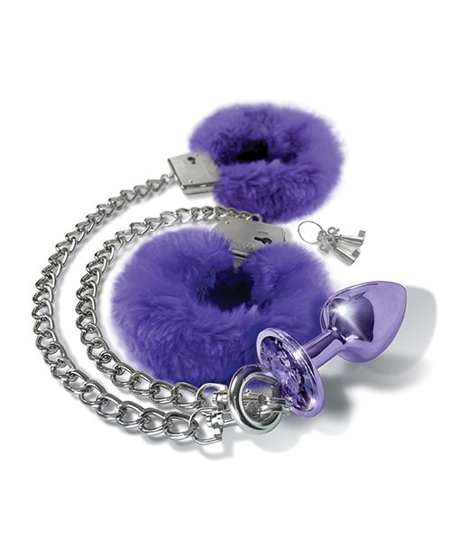 Nixie Metal Butt Plug w/Inlaid Jewel & Fur Cuff Set - Purple Metallic Shipmysextoys