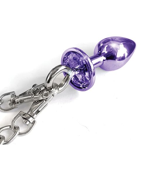 Nixie Metal Butt Plug w/Inlaid Jewel & Fur Cuff Set - Purple Metallic Shipmysextoys