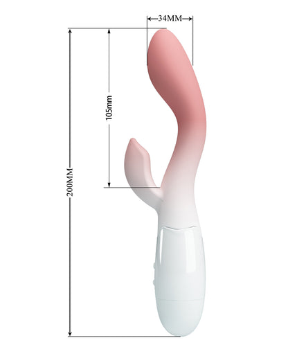 Measurement chart of a pink and white G-spot rabbit style vibrator 