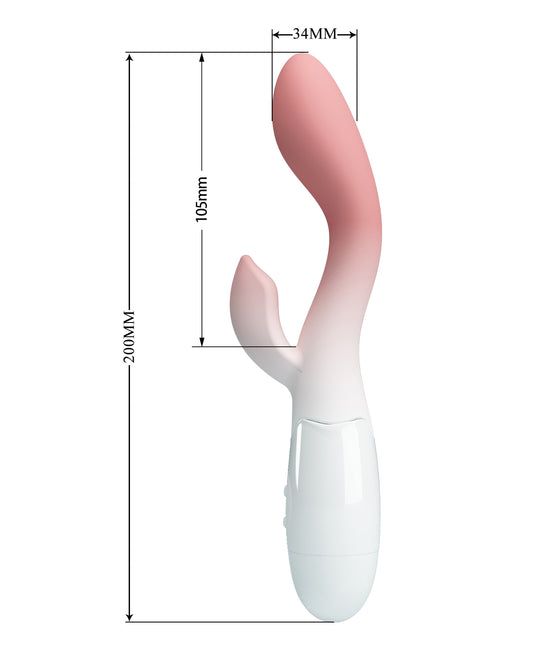 Measurement chart of a pink and white G-spot rabbit style vibrator 