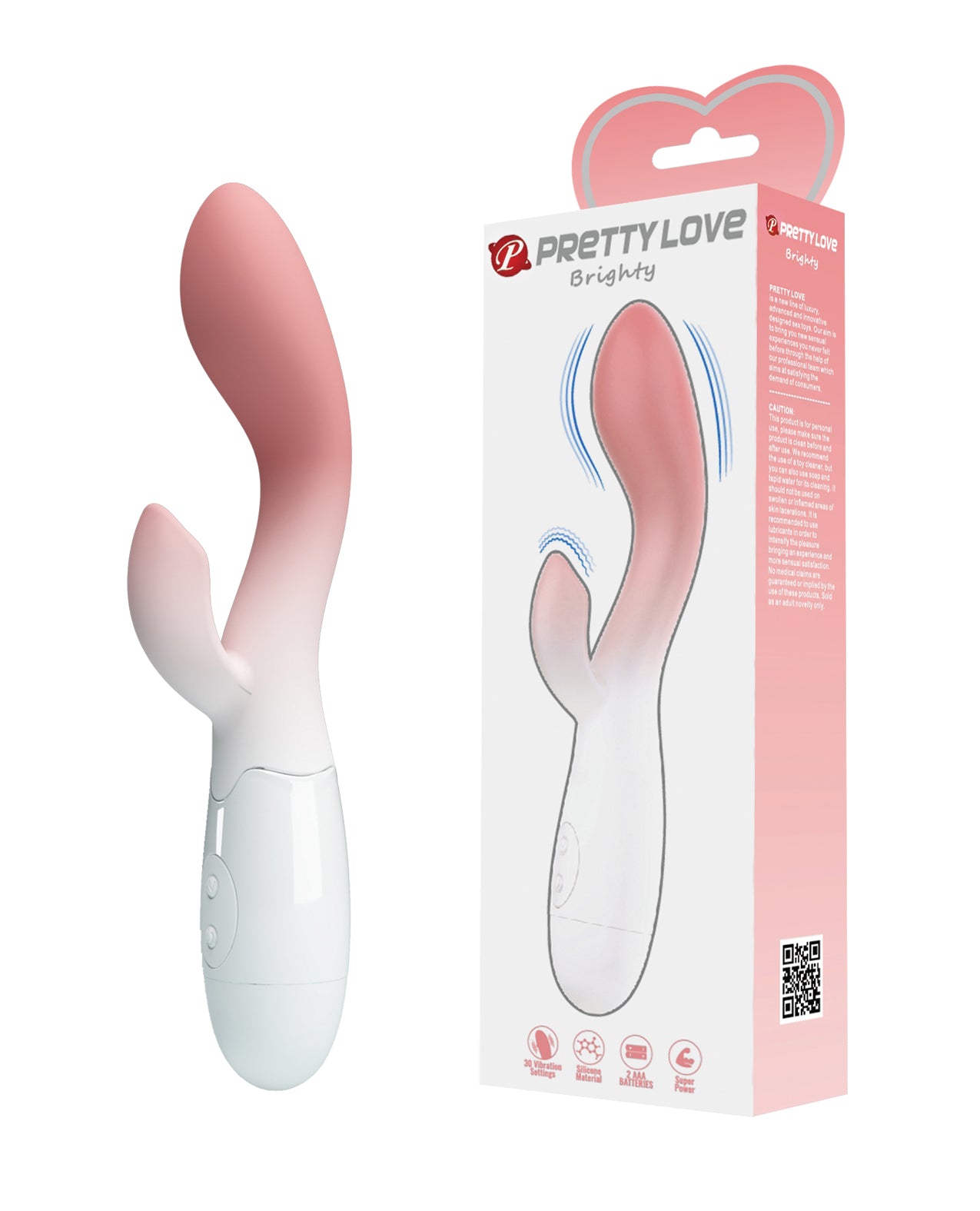A pink ombre Pretty Love Brighty Vibrator with dual stimulation design. The product is shown next to its packaging, which also displays the product name and features.