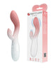 A pink ombre Pretty Love Brighty Vibrator with dual stimulation design. The product is shown next to its packaging, which also displays the product name and features.