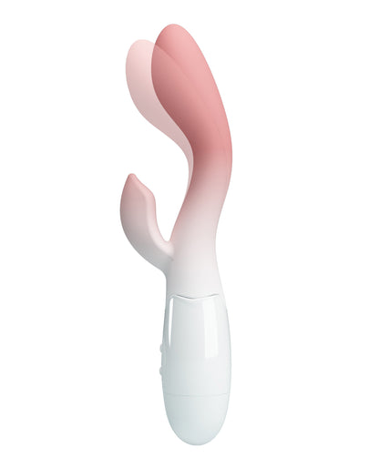 Pretty Love Brighty Vibrator - Pink Ombre Side view of a pink and white rabbit style vibrator 