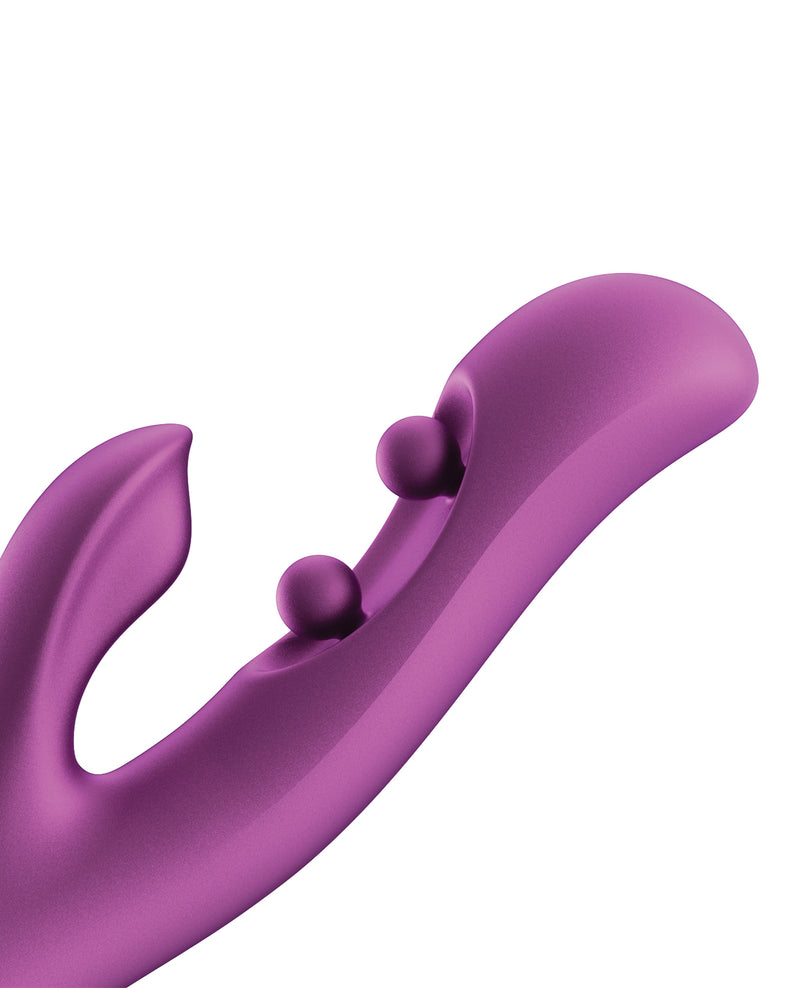 purple GEM Twin Balls Rabbit Vibrator showing close up on shaft and clitoral stimulator.”