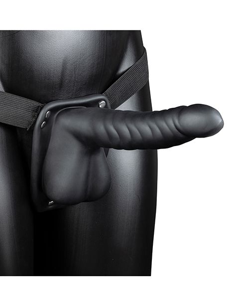 Shots Ouch 8" Ribbed Hollow Strap On w/Balls - Black Shipmysextoys