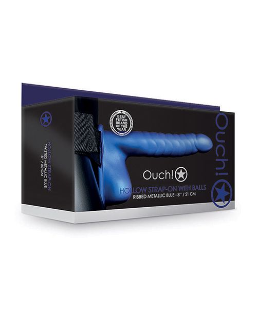 Shots Ouch 8" Ribbed Hollow Strap On w/Balls - Metallic Blue Shipmysextoys