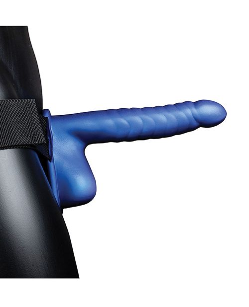 Shots Ouch 8" Ribbed Hollow Strap On w/Balls - Metallic Blue Shipmysextoys