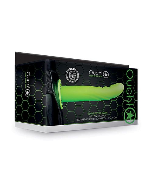 Shots Ouch 8" Textured Curved Hollow Strap On - Glow Shipmysextoys