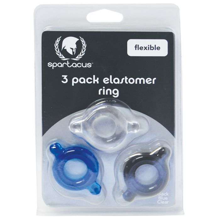 Spartacus Elastomer Cock Ring 3 Pack Set - Black, Blue & Clear Shipmysextoys