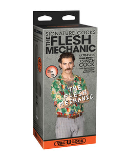 Product packaging for 'The Flesh Mechanic' with a person holding a product on a white background