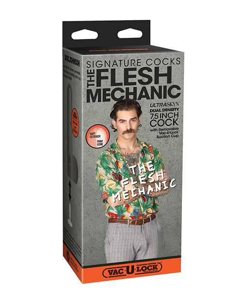 Product packaging for 'The Flesh Mechanic' with a person holding a product on a white background