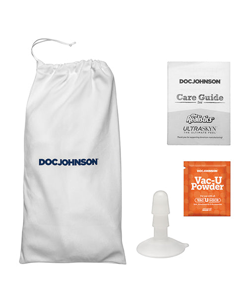 Doc Johnson product set with drawstring bag, care guide, and packaging on a white background